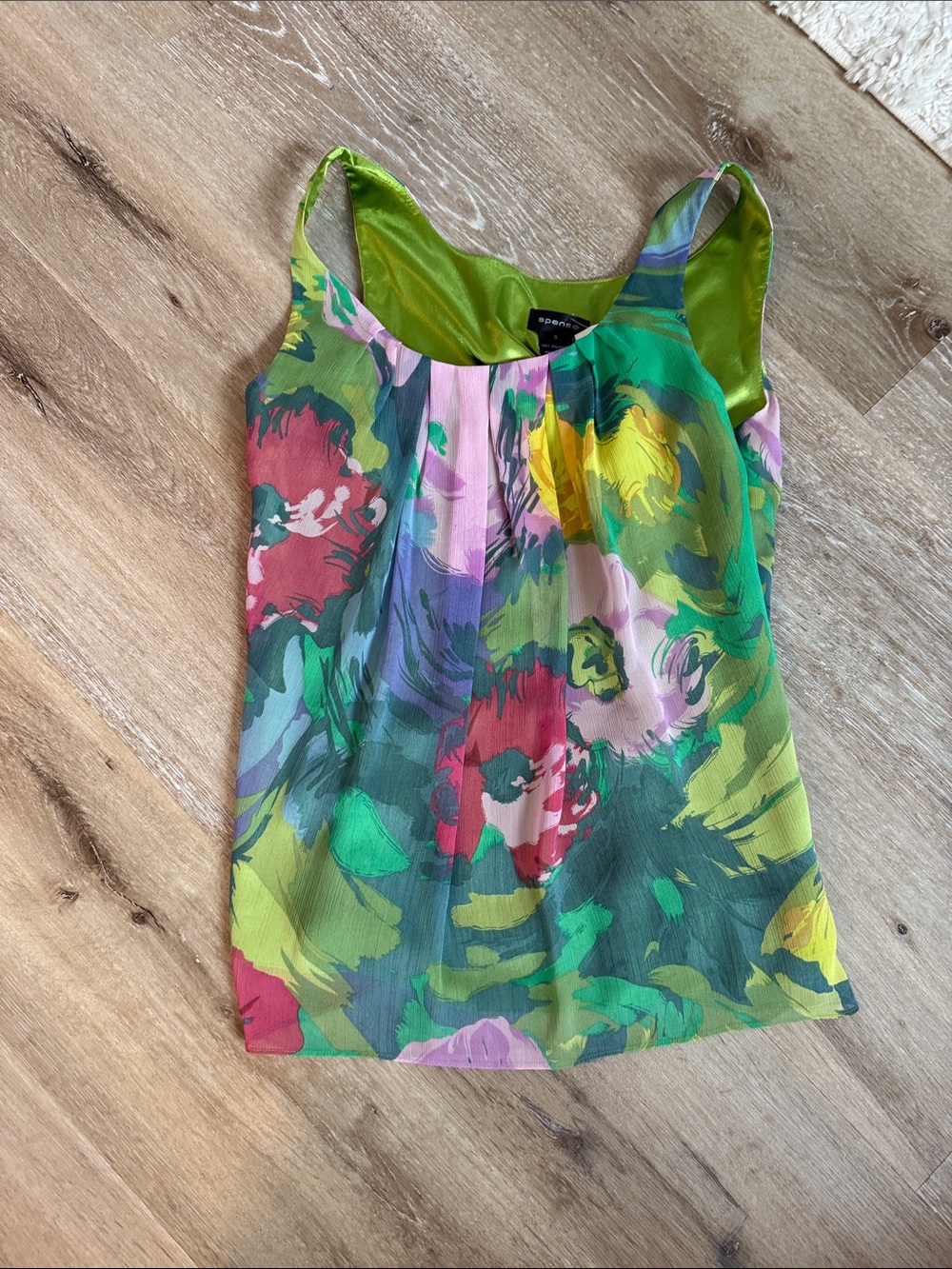 Spense Floral Pleated Scoop Neck Camisole - Green Multi